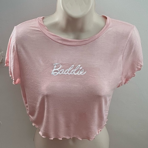 Papaya “Baddie” lettuce edge pink graphic crop top size L Barbiecore boho skater - Picture 7 of 16